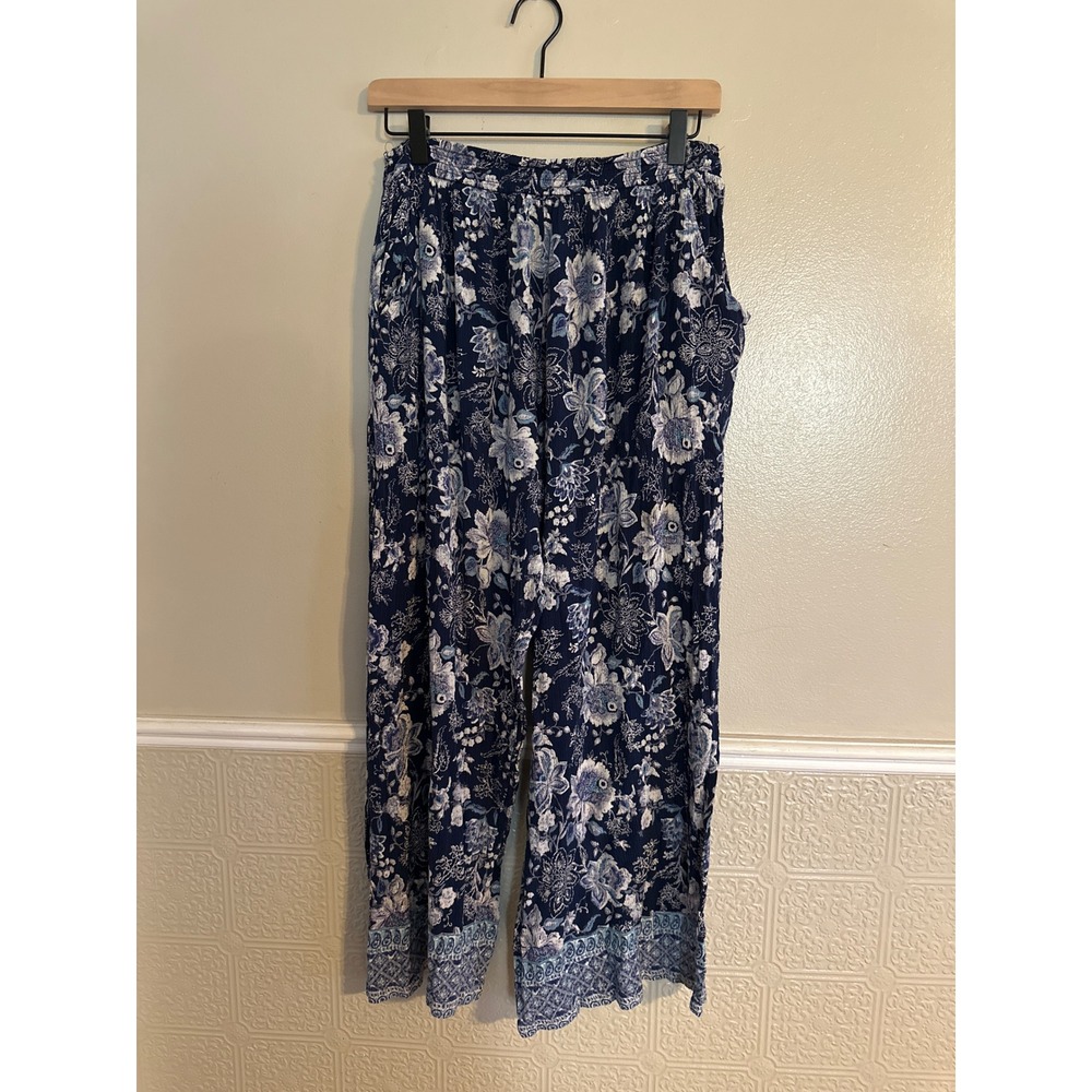 Romantic Gypsy Womens Blue Floral Wide Leg Boho Rayon Pants Size Small